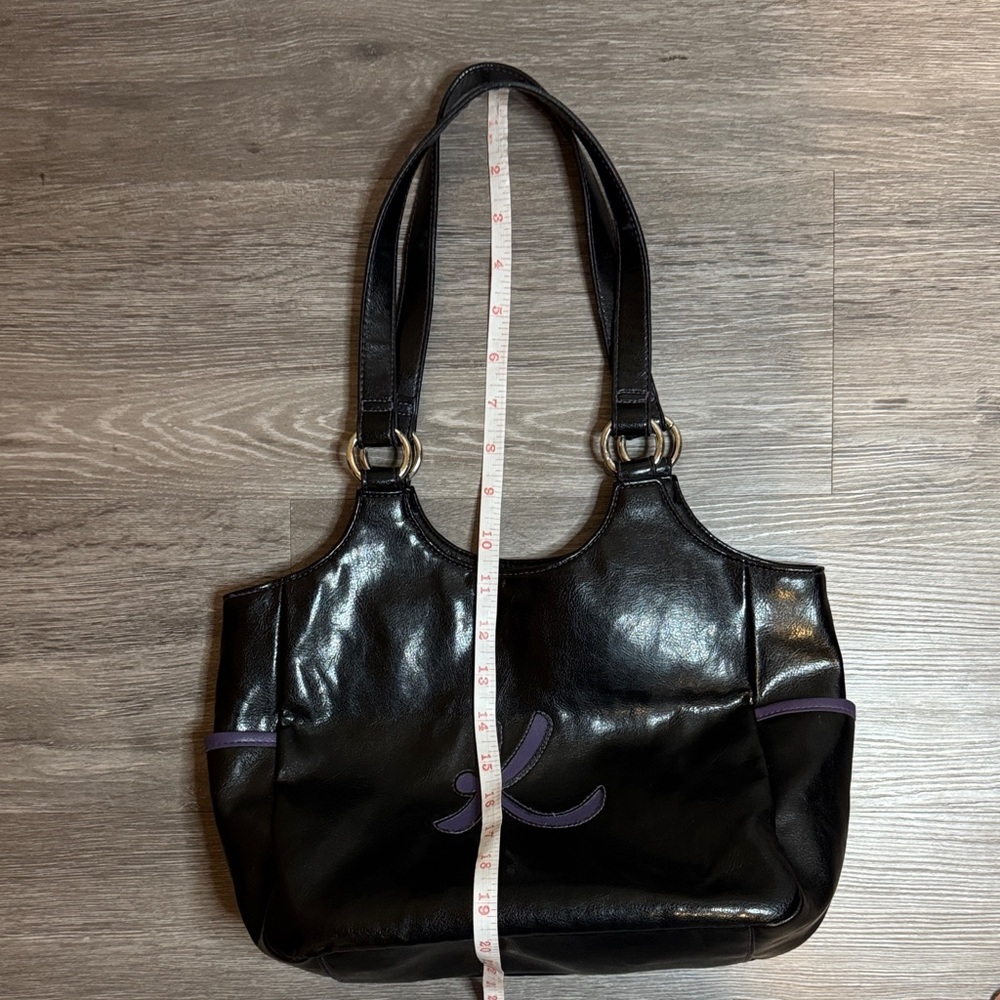 Black Faux Leather Letter K Shoulder Bag with Purple Accent and Silver Hardware - Picture 9 of 10